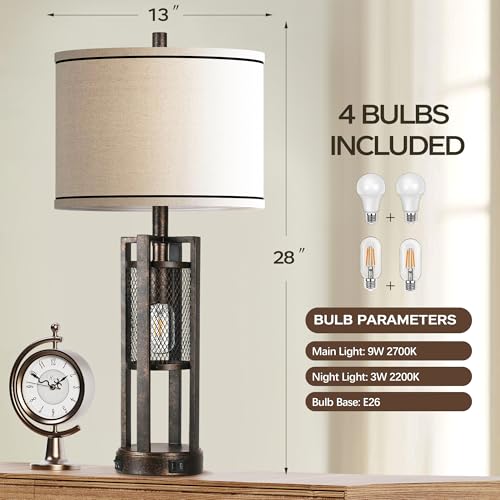 PARTPHONER 28'' Set of 2 Farmhouse Industrial Nightstand Lamps with USB Ports - Bronze
