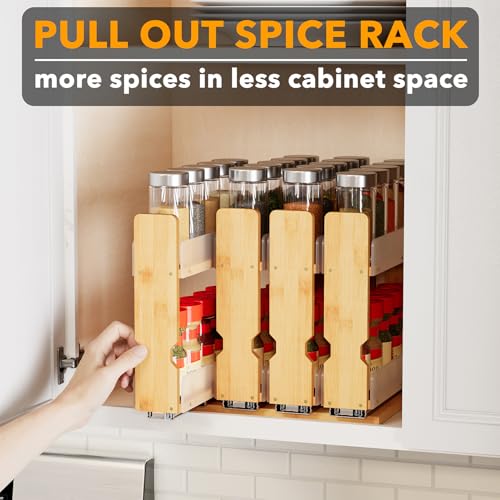 SpaceAid Bamboo Pull Out Spice Rack Organizer for Cabinets, 10.1 W x 10.6 D, 4 Drawers, 2-Tier, Natural