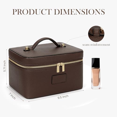 HiTotes Large Waterproof Leather Makeup Bag with Removable Divider - Coffee