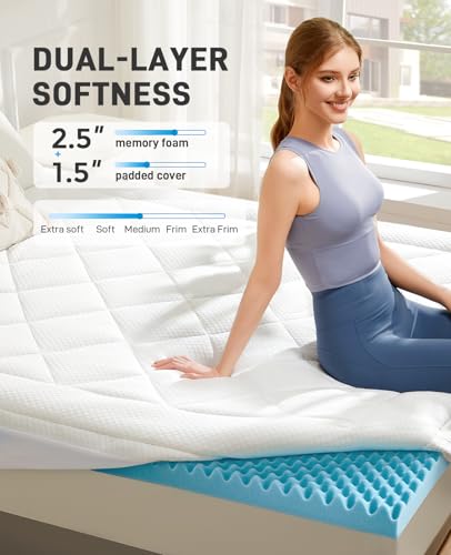 PERLECARE Twin Mattress Topper 4 Inch Dual Layer Cooling Gel Memory Foam - Deep Pocket