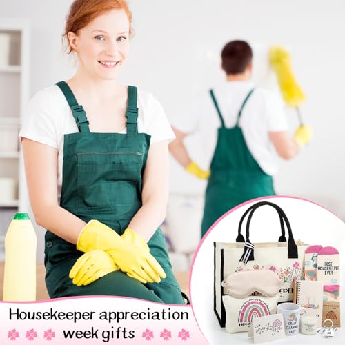 Leinuosen 12 Pcs Housekeeping Gift Set for Women Trapezoid Grocery Canvas Tote Bag with Handle Makeup Bag Mug Scented Candle Novelty Socks for Housekeeper Employees Staff Cleaning Lady Gifts