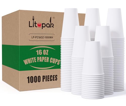 LITOPAK 16oz White Disposable Paper Coffee Cups - 1000 Pack, Bulk, Leak-Proof