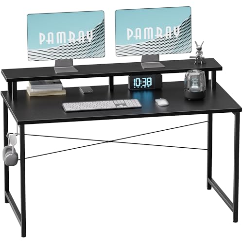 Black 47-Inch Small Computer Desk with Monitor Stand & Headphone Hook - Space-Saving Office & Kids Study Table