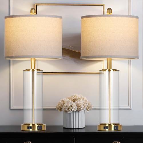 Luxeflow 26-Inch Gold Glass Table Lamps Set of 2 with USB-C, Outlets & Dimmable Touch Control - Modern Bedroom & Living Room Decor