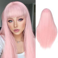 FANCEE Pastel Pink Wig with Bangs - 26 Inch Straight Synthetic Cosplay Hair