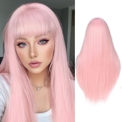 FANCEE Pastel Pink Wig with Bangs - 26 Inch Straight Synthetic Cosplay Hair