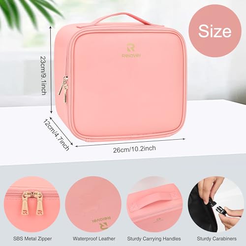 Relavel Pink Travel Makeup Bag with LED Mirror, Waterproof Organizer & Removable Dividers - Small