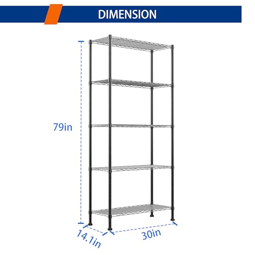 Black 5-Tier Adjustable Wire Shelving Unit - Heavy Duty Storage Rack for Kitchen, Bathroom, Laundry, Closet - 14.1"D x 30"W x 79"H