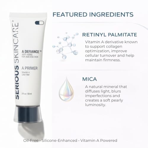 Serious Skincare A Primer Line Filler, Blur Pores, Lightweight Semi-Matte Makeup Facial Primer, Instant Glow, Smooth Fine Lines & Wrinkles, Oil-Free Vitamin A, For Flawless Skin, Pore Minimizer, 2 Oz