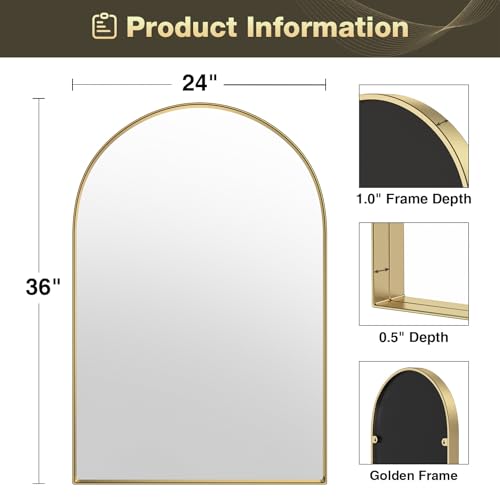 Gold Arched Mirror 24x36 Inch - Metal Wall Vanity Mirror for Bedroom & Living Room - Brightify