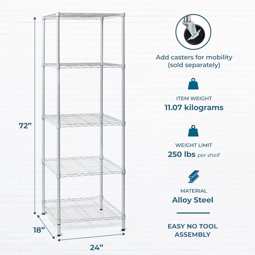 Honey-Can-Do 5-Tier Adjustable Shelving Unit, 250 lb per Shelf, White, 24 x 18 x 72 in