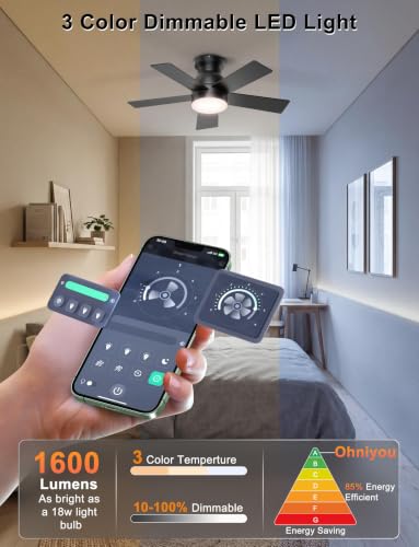 32-Inch Low Profile Ceiling Fan with Lights - Black, Remote & App Control