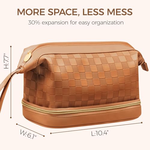 Large Waterproof Makeup Bag for Women with Double Layer & Brush Compartment - Brown