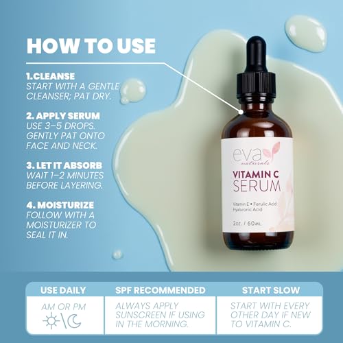 Eva Naturals Vitamin C Serum for Face - 20% Vit C with Hyaluronic Acid, Ferulic Acid & Vitamin E - Facial Serum for Dark Spots, Acne, Anti Aging, Glow & Even Skin Tone, 2 Fl Oz