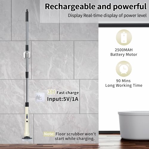 Electric Spin Scrubber, Hillyfe Bath Scrubber for Cleaning with 7 Replaceable Brush Heads, IPX7 Waterproof,300/400 RPM, 3 Adjustable Size,Cordless Shower Cleaner Brush for Bathroom Floor,Beige