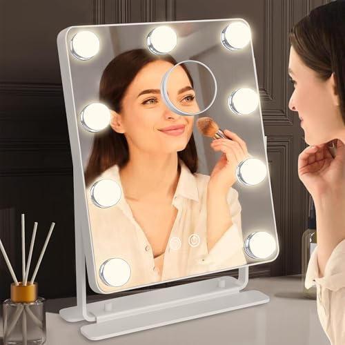 Hollywood Vanity Mirror with Lights 9" x 11", Lighted Makeup Mirror with 10X Magnification & 9 LED Bulbs Dimmable, 3 Colors Modes, Touch Control, Plug in Vanity Mirror with Lights, White