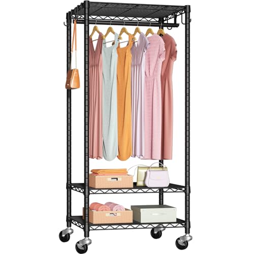 FUTASSI Mini Black Rolling Clothes Rack with Adjustable Shelves & Heavy Duty Support