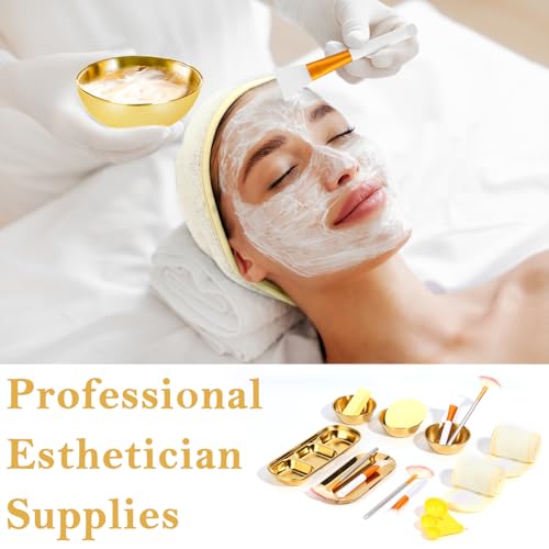 28 Gold Facial Supplies 3 Facial Mask Mixing Bowls 3 Facial Fan Brushes 3 Mask Applicator Brushes 3 Mask Measuring Spoons Skincare Tray 3-Compartment Serving Tray 12 Facial Sponges 2 Spa Headbands