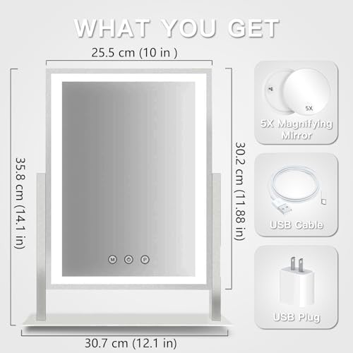 Lighted Makeup Mirror with Lights, 3 Color Modes, 5X Magnification, 360° Rotation - White