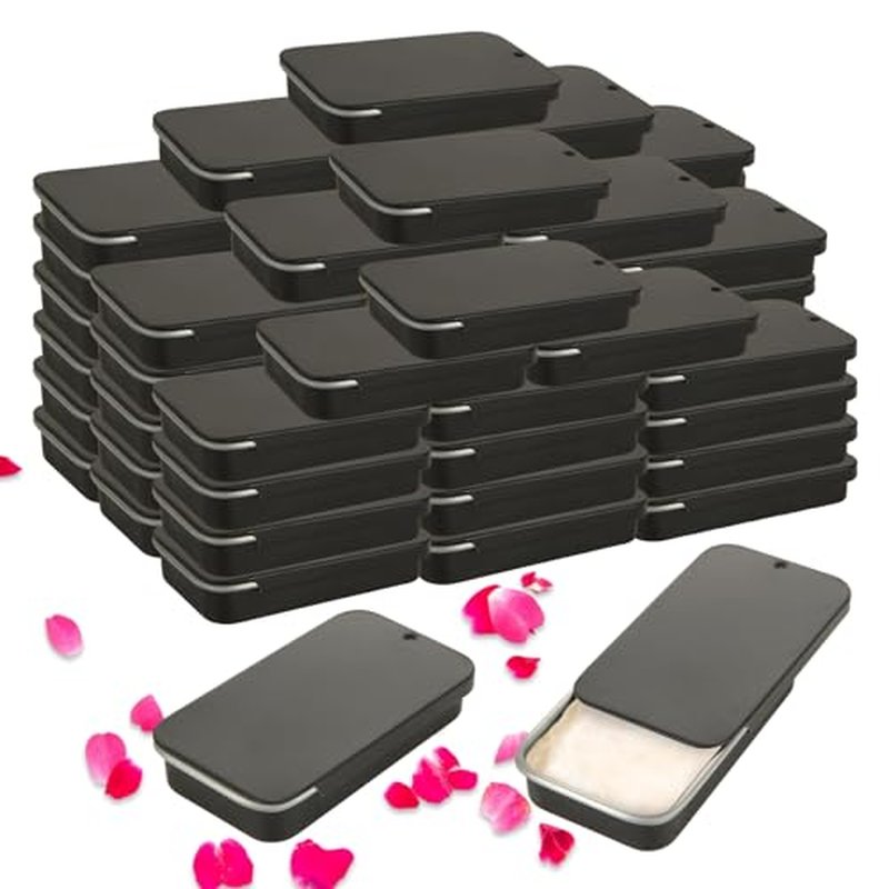 100 Pack Mini Tin Box Small Tin Containers with Slide Top Lids, Empty Mini Metal Tins with Lids for Storage Candies, Jewelry, Crafts, Pills, 2.36 X 1.3 X 0.4 (Black)