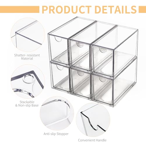 WUHUME A2 6-Piece Stackable Plastic Drawer Storage Organizer - Clear