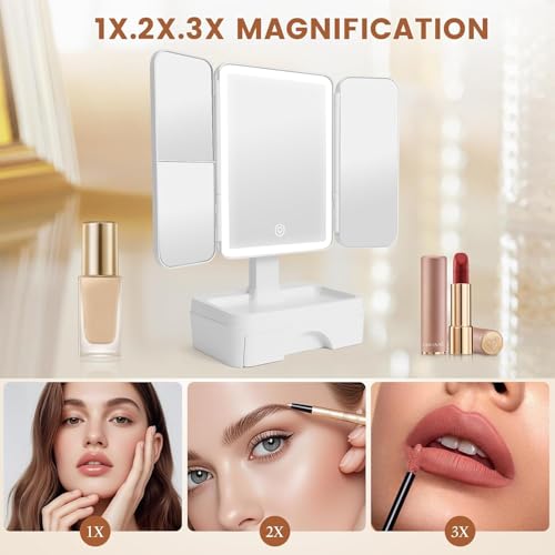 Tri fold Makeup Mirror with Lights,Storage,Magnification,Lighted Makeup Mirror with Storage,Vanity Mirror with Lights, Small Vanity Mirror