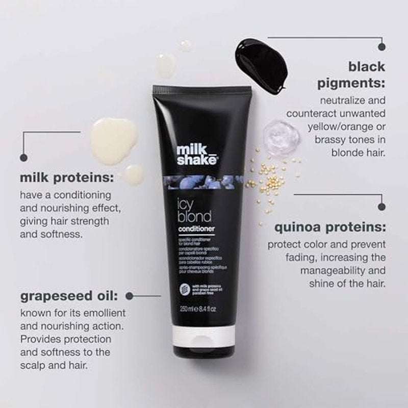milk_shake icy blond conditioner | award winning toning conditioner with black pigment to neutralize yellow and brass in platinum blonde hair | hydrates and brightens cool tones