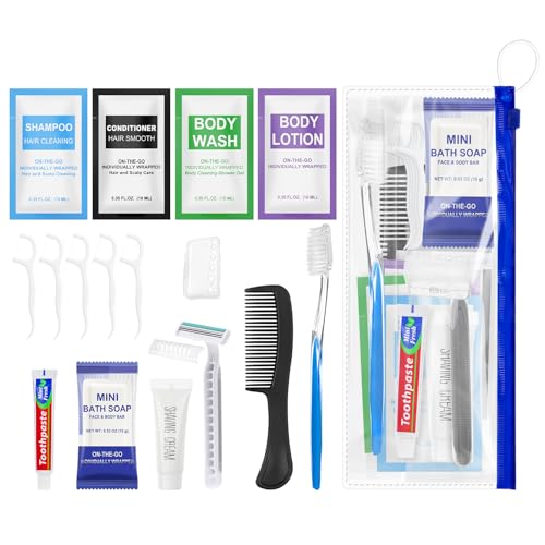Personal Hygiene Kit Bulk Pack of 10,Individually Wrapped 13-IN-1 Blue Disposable Basic Travel Toiletry Set Homeless Care Package Supplies for Men,Women,Guests,Charity