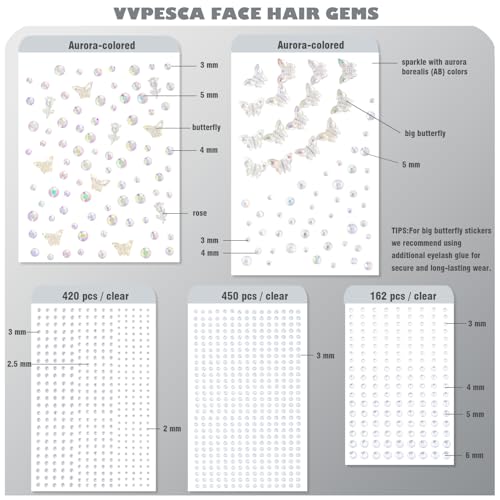 Butterfly Face Hair Gems, Self-Adhesive Eye Jewels, Sparkly Crystal Stickers for Fairy Makeup, Stick on Gems Rhinestones Stickers, Rave Accessories for Body, Nail, Crafts (Clear&Butterfly)