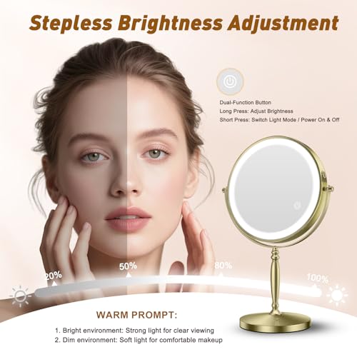Matekxy Brushed Gold 8-Inch Makeup Mirror with Light & 10X Magnification