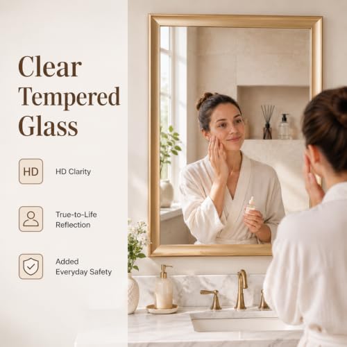 Gold Bathroom Mirror 24x36 Inch Rectangular Vanity Mirror - Brushed Gold Frame, Vertical & Horizontal Mounting