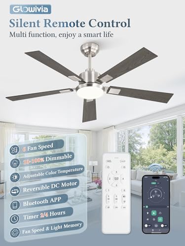 Glowivia 52-Inch Brushed Nickel Ceiling Fan with Dimmable RGB Lights & Remote - Modern 6-Speed Reversible Fan for Living Room & Bedroom, Model 1
