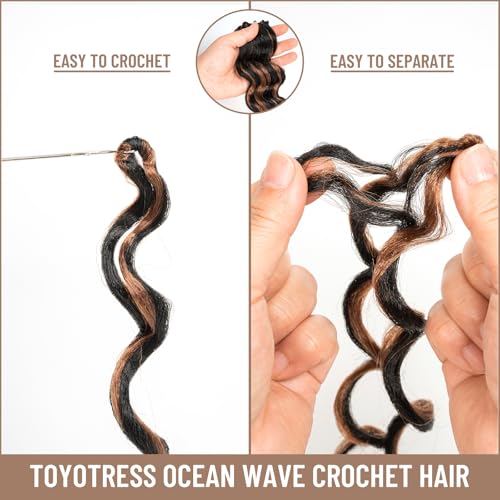 ToyoTress Ocean Wave Crochet Hair - 9 Inch 8 Packs Black Mix Brown Highlight Short Curly Hair Ocean Wave Braiding Hair, Synthetic Hair Extensions (9 Inch, P1B/30-8P)