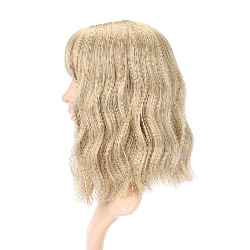 Blonde Wave Short Bob Wig with Air Bangs - Curly Wavy Shoulder Length Cosplay Hair - Mix Blonde and Gold - Variation of THIS listing