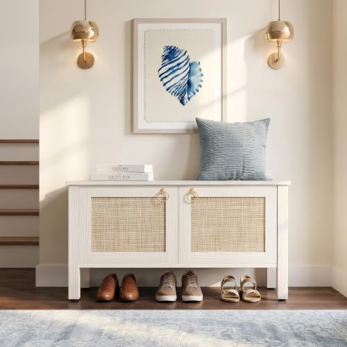 White Cream Oak Rattan Storage Bench with Safety Hinges - Boho Chest