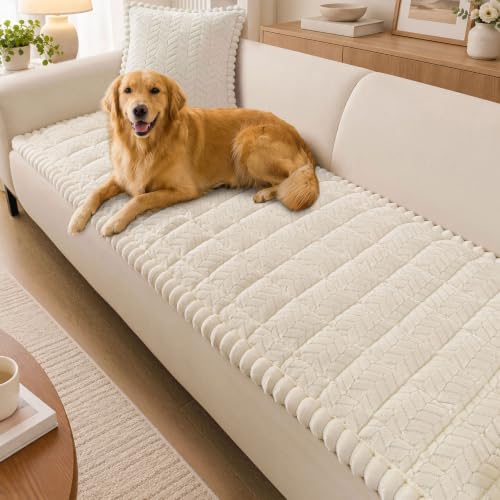 Beige Non-Slip Fuzzy Couch Cover for Dogs - 27.6x82.7 Inches