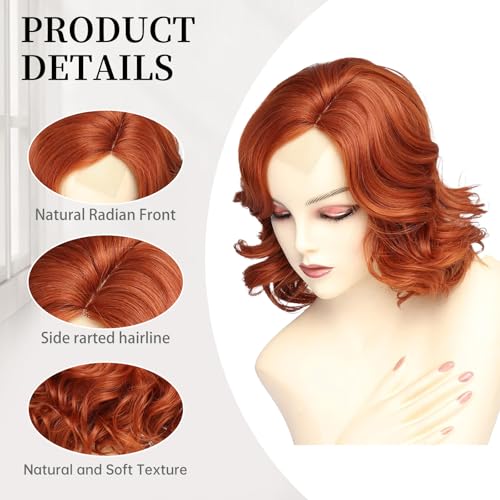 Lace Copper Red Wavy Wig for Women - Short Layered Synthetic Curly Hair, 14 Inch, Natural Look
