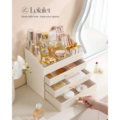 Lolalet PU Leather Makeup Organizer for Vanity Desk, 4-Layer Luxury Make Up Storage Cosmetics Holder Box with Drawers -Cream