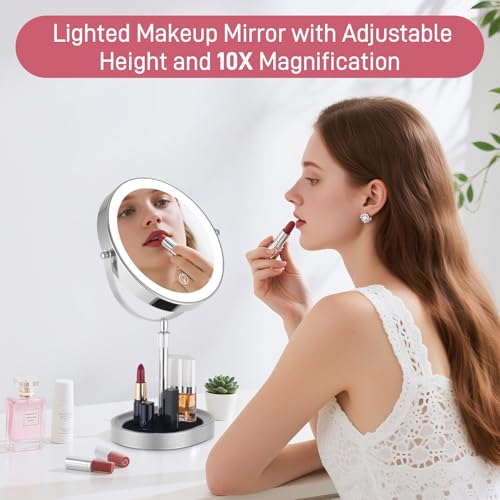 Rechargeable Adjustable-Height Makeup Mirror with 3 Color Lights,Touch Screen and Dimmable Settings,8'' Dual-Sided 1X/10X,360¡Æ Rotation Vanity Mirror with Jewelry Tray,Lighting Cosmetic Mirror