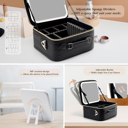 SJD Travel Makeup Bag with LED Mirror, Portable Cosmetic Case Organizer with Lighted Mirror, Waterproof Makeup Case for Cosmetic Brush Holder Storage, Black Toiletry Bag for Women Gift