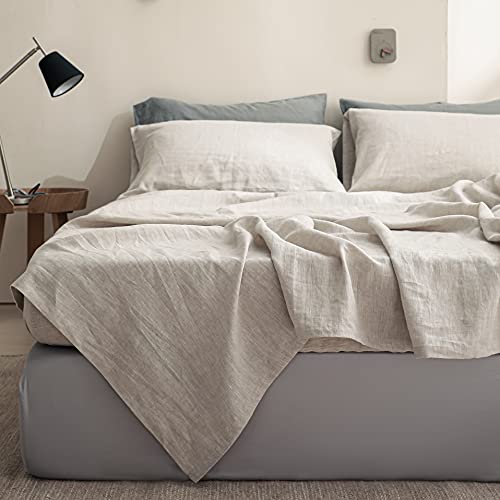 Full Linen Fitted Sheet - 14 Inch Deep Pocket, Breathable French Flax, Soft & Durable