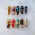 Luxury Handmade Press On Nails, Vintage Bohemian Style, Long Stiletto Shape, Crystal Heart Gems, Gold Stars Design, 10 Pieces (Small, LS)