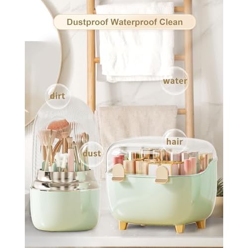 Makeup Brush Holder 360 Rotating, [Upgrade & with Cover] Makeup Brush Organizer for Vanity Countertop Bathroom (Green)