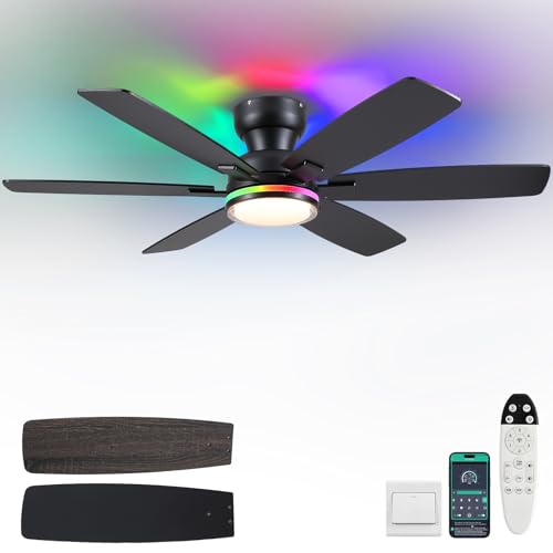 52-Inch Ceiling Fan with RGB Light & Remote - Black 6 Blades, APP Control