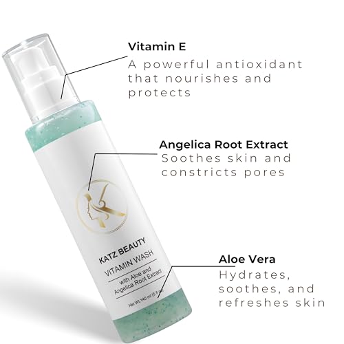 Katz Beauty Vitamin Wash, 5 fl oz - Gentle Face Cleanser with Aloe, Angelica Root & Vitamin E for Sensitive, Oily & Dry Skin, Travel-Size Hydrating Wash