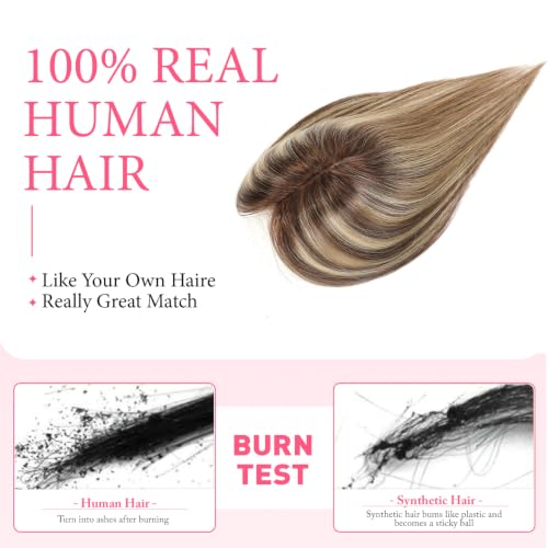 Human Hair Topper for Women 10 Inch Clip-In with No Bangs - Ombre Light Brown Dark Roots