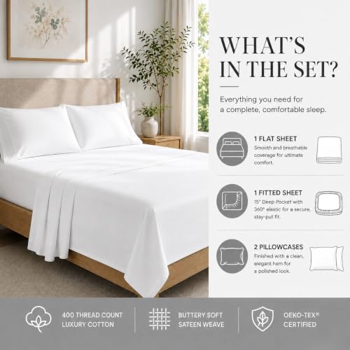 King Size Egyptian Cotton Sheets Set - 400TC White with Variation 01