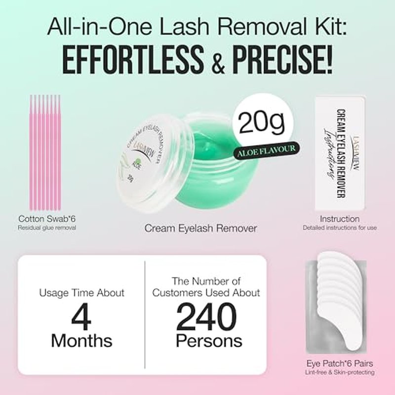 LASHVIEW Eyelash Extension Remover Cream Gentle Aloe Vera Formula, Lash Removal Kit with Eye Patches & Cotton Swabs(20g)