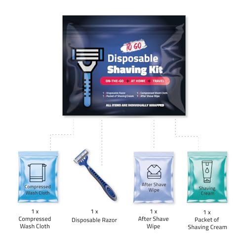 Disposable Compact Shaving Kit (10 Pack) - with Razor, Shaving Cream, Washcloth, and Aftershave Wipe ? Travel Ready Grooming Essentials - Perfect Personal Shave Kit or Charity Gift Set (Black)