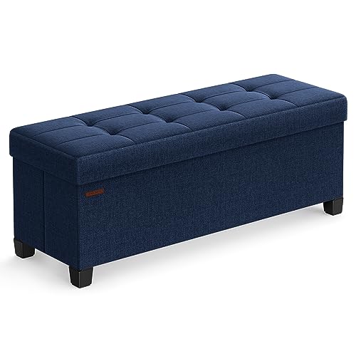 Storage Ottoman Bench with Legs - Foldable Foot Rest, Midnight Blue, No Flipping Lid